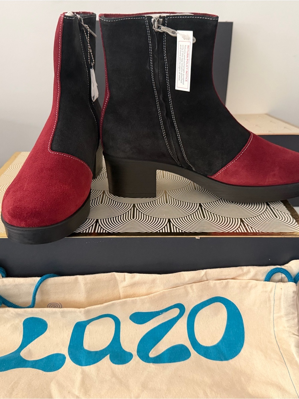 Women's Two-Tone Suede Zip Ankle Boots in Black & Burgundy